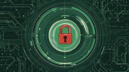 Obraz premium Secure tech: A vibrant red padlock sits centered on a detailed green circuit board, symbolizing digital security