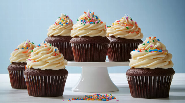 Delight in this whimsical scene of gourmet chocolate cupcakes topped with creamy frosting and colorful sprinkles, perfect for celebrations and sweet moments