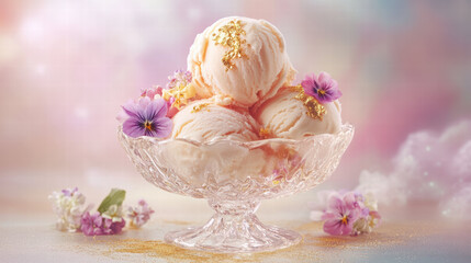 Fototapeta premium Indulge in delightful ice cream sundae featuring three scoops of creamy ice cream adorned with edible gold flakes and surrounded by vibrant flowers, creating visually stunning dessert experience