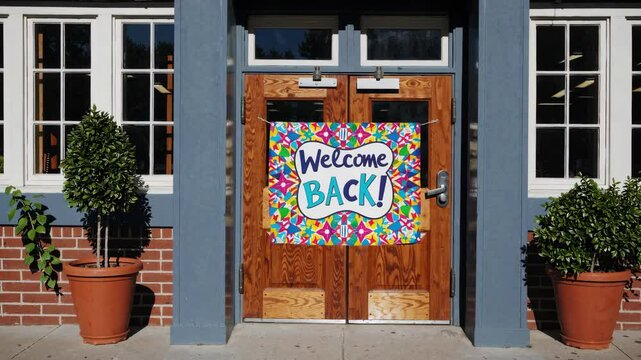 Colorful welcome sign on school doorway evokes optimistic return with vibrant decor
