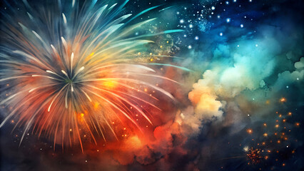 Fototapeta premium Victory Day Fireworks Watercolor Background - Explosive Color Swirls for Patriotic Celebrations with Copy Space