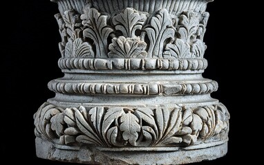 Elaborate marble column base with floral carvings against black backdrop