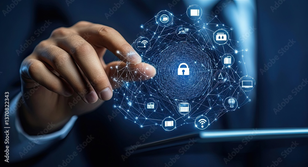 Poster a man uses a mobile banking app with fingerprint authentication for secure digital payments, emphasi