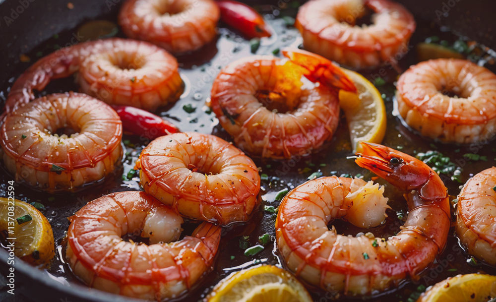 Aufkleber plate of shrimp with lemon wedges. the shrimp are in a pan with a sauce. there are many shrimp on th