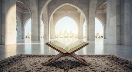 Fototapeta premium Islamic Grandeur: An open Quran rests upon a traditional wooden stand, positioned prominently upon a richly patterned rug within a majestic mosque, symbolizing the core of faith and worship.