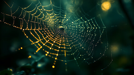 A moody photography of raindrops on a spiderweb, intricately detailed with light refracting through the water, set against a dark forest background.