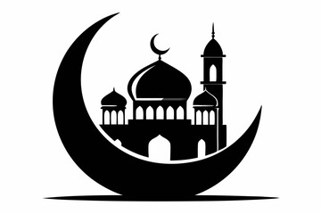 crescent moon above the mosque silhouette line art vector illustration