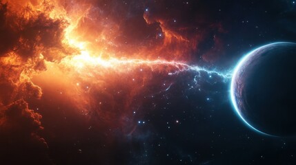 Naklejka premium Cosmic Explosion with Colorful Nebula and Planet in Space Scene