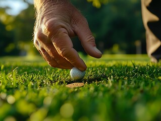 Golf ball placement action golf course sports content outdoor environment