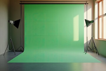 Empty Photo Studio Hromakey 3D Render Modern Photo Studio Green Backdrop Stand Tripods Isolated
