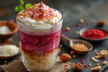 Rabri Falooda fusion plated in dessert glass, layered with vermicelli, rabri foam and crushed