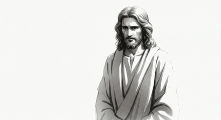 Contemplative Figure: A monochrome illustration depicting a figure with long hair and a beard, seemingly lost in thought.