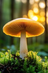 Fototapeta premium Enchanting golden mushroom glowing amidst lush moss in a serene forest at sunset golden hour light illuminates the scene