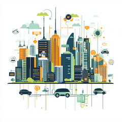 Obraz premium Smart city illustration with buildings and vehicles in vibrant colors 