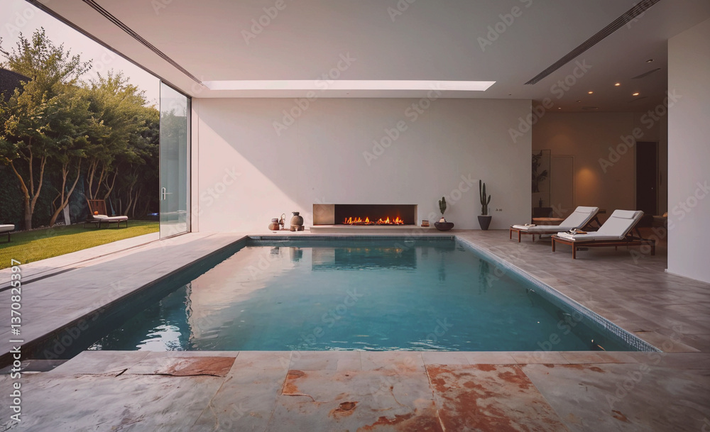 Leinwandbilder large pool with a fireplace in the middle. there are two lounge chairs on the right side of the pool