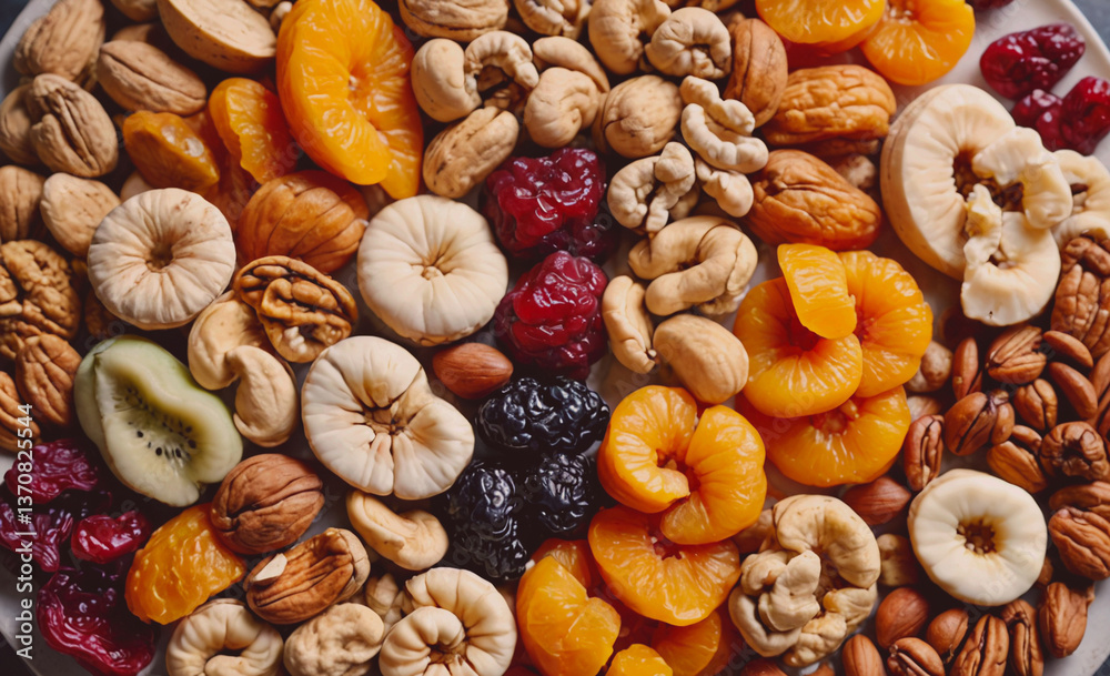 Aufkleber Plate of assorted nuts and dried fruit. There are many different types of nuts and dried fruit on the plate