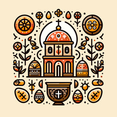 Naklejka premium Easter-themed illustration of a church with decorative elements 