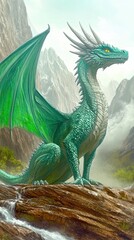 Obraz premium Giant Green Dragon Rests Majestically in Lush Valley Under Enchanting Mountain View