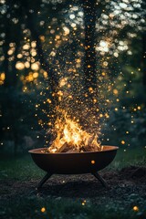 Enchanting evening bonfire in a rustic iron fire pit with dancing flames and golden sparks against a dark bokeh forest backdrop