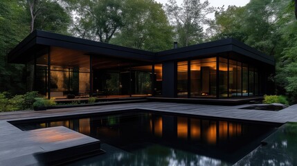 Obraz premium Modern minimalist house with pool at dusk