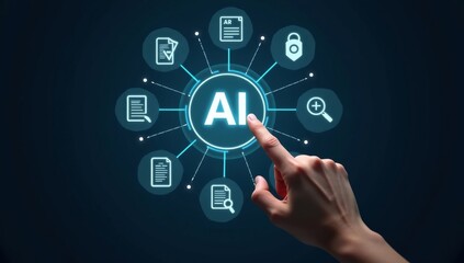 artificial intelligence generate text document and abstract papers. Man touching AI icon on electronic circuit board
