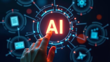 artificial intelligence generate text document and abstract papers. Man touching AI icon on electronic circuit board