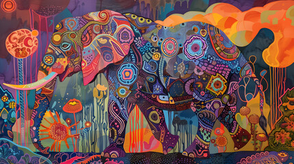 Vibrant Majesty: The Enchanted Elephant in a Surreal Landscape