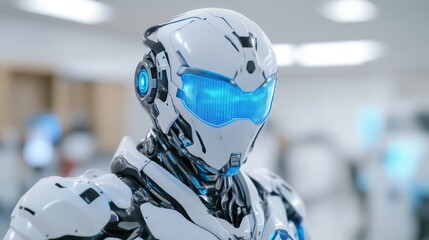 Futuristic robot head in a sterile, modern environment.  Detailed mechanical design with glowing blue accents