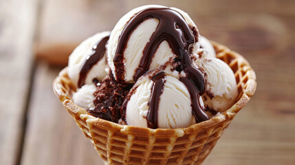 Soft white vanilla swirl ice cream with chocolate syrup in waffle cone. Realistic 3d vector illustration set of sweet cold milk dessert with cocoa liquid topping in cup with waffler texture.