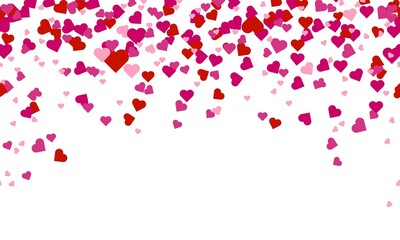 Red and pink hearts on white background. Heart confetti. Can be used for wedding, Valentine's Day, etc. Vector