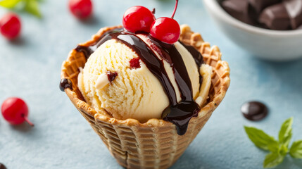 Soft white vanilla swirl ice cream with chocolate syrup in waffle cone. Realistic 3d vector illustration set of sweet cold milk dessert with cocoa liquid topping in cup with waffler texture.