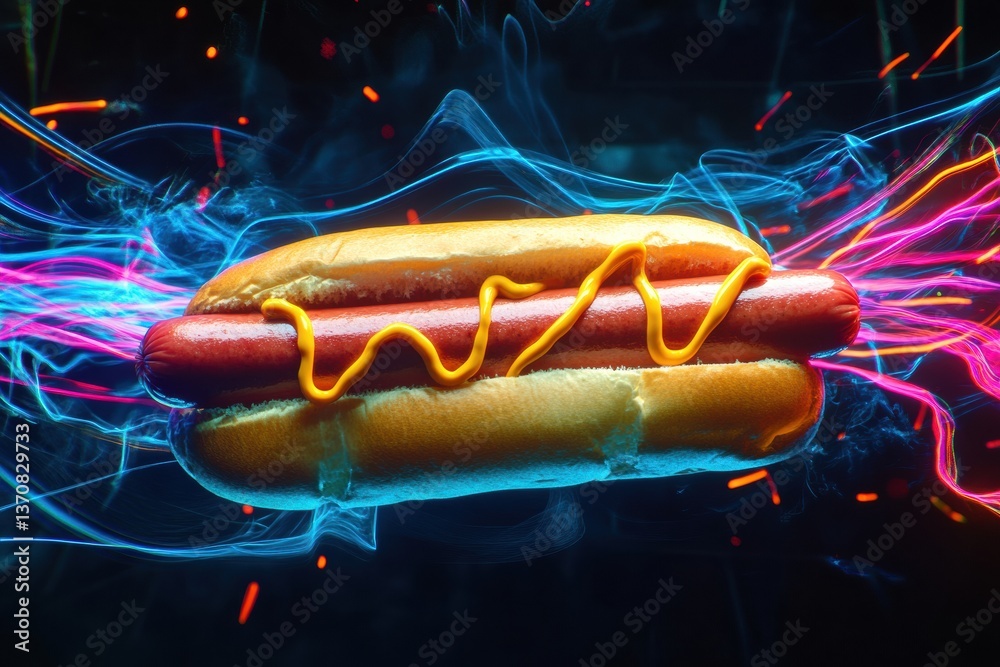 Poster futuristic hot dog soaring through neon trails in a dynamic cyberpunk environment