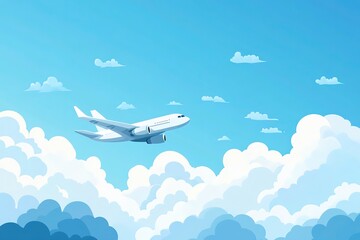 Fototapeta premium Airplane Flying Over Clouds, White Passenger Jet, Sunny Sky, Travel Concept Art