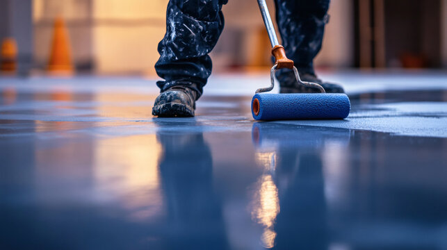 Worker Applying Blue Epoxy Floor Coating with Roller on Industrial Site for Protective and Durable Finish