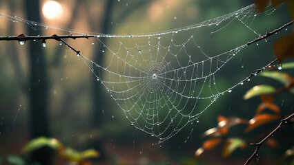 Zoom in on a delicate spider web strung between two branches,