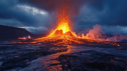 Fototapeta premium Volcanic eruption with glowing lava and smoke, dramatic fiery scene