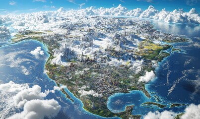 Aerial view of futuristic North America with snowy mountains and coastal cities