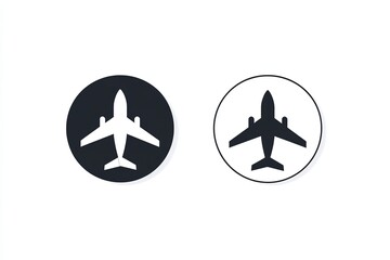 Airplane Icon Set Minimalist Plane Symbol in Black and White Circle, Travel Aviation