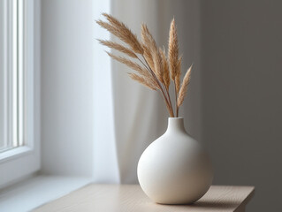 Naklejka premium Elegant white ceramic vase with pampas grass in modern minimalist decor setting