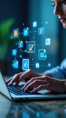 Digital technology and data analysis in action with a person using a laptop, showcasing innovative solutions and connectivity in a modern workspace, digital transformation concept