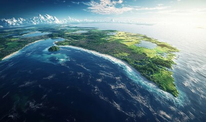 Aerial view of lush green islands, coastline, and ocean under a vibrant sky
