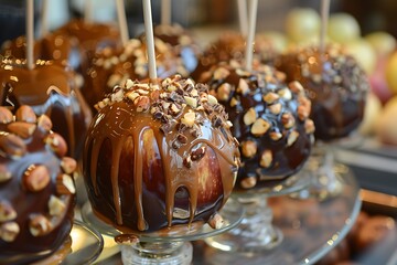 A decadent display of caramel apples, coated in rich caramel and drizzled with chocolate and nuts
