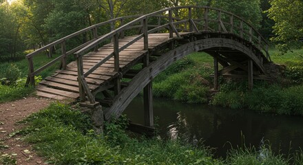 Rustic wooden bridge over serene stream in lush green park  