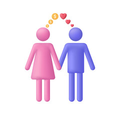 3D Woman and man icons. Woman character love man for money. Trendy and modern vector in 3d style