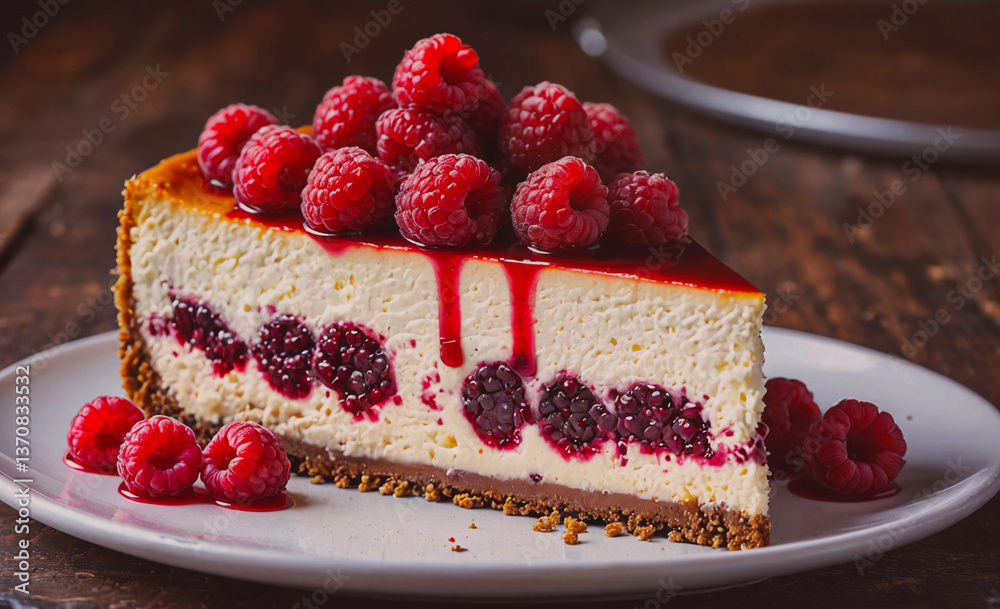 Poster Slice of cheesecake with raspberries on top. The raspberries are scattered around the edge of the slice
