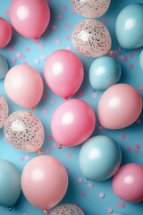Pastel Balloons Floating on Light Blue Surface with Confetti for Birthday Celebration or Party Event