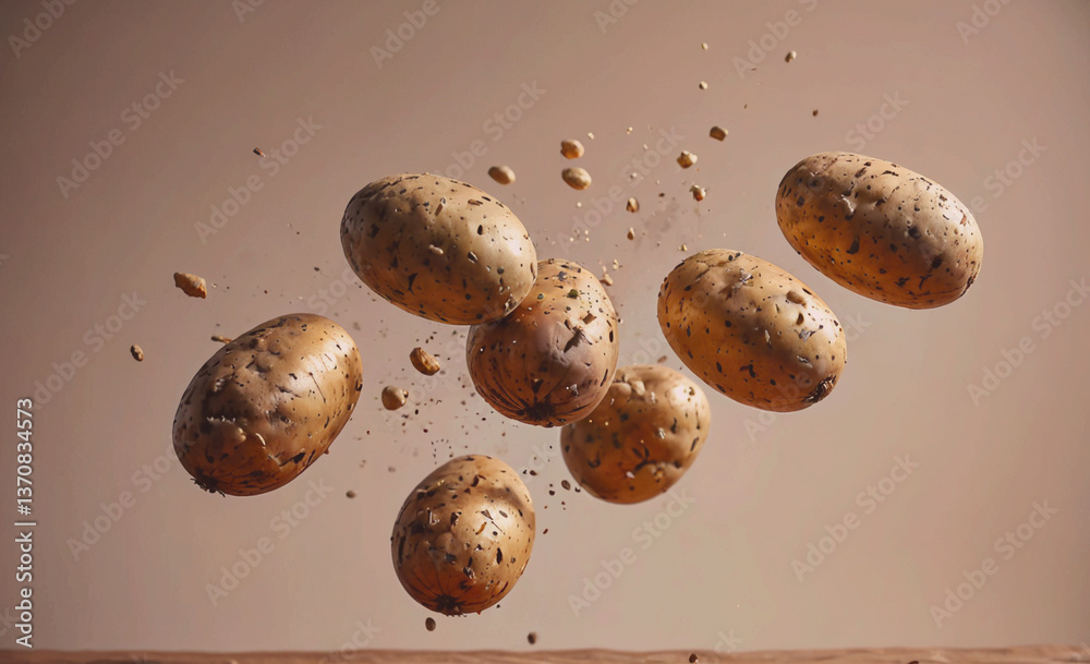 Poster bunch of potatoes are flying through the air. there are six potatoes in total. the potatoes are scat
