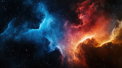 Obraz premium Vibrant nebula paints the edge of the universe. Swirling blues and oranges meet a star-dusted black void—a breathtaking cosmic vista