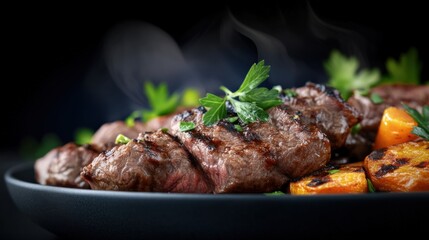 Fototapeta premium Grilled steak and vegetables cozy kitchen culinary art indoor close-up gourmet experience
