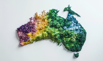 Fototapeta premium Colorful 3D Australia map with diverse flora on white background, ideal for environmental projects